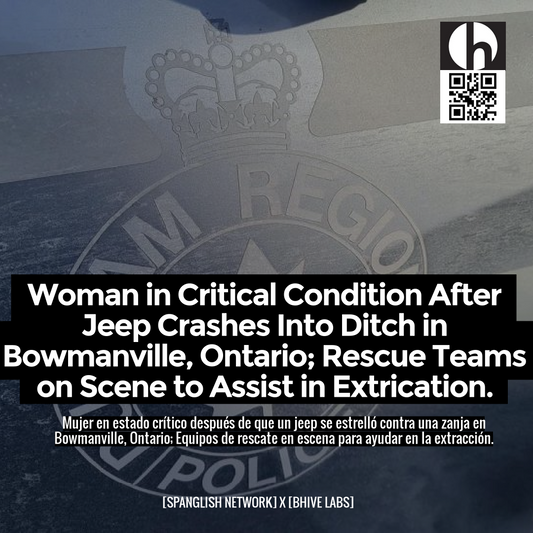 Woman in Critical Condition After Jeep Crashes Into Ditch in Bowmanville, Ontario; Rescue Teams on Scene to Assist in Extrication.