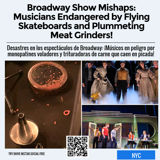 Broadway Show Mishaps: Musicians Endangered by Flying Skateboards and Plummeting Meat Grinders!