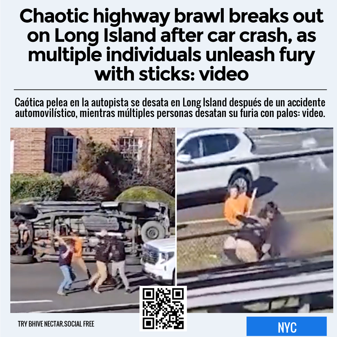 Chaotic highway brawl breaks out on Long Island after car crash, as multiple individuals unleash fury with sticks: video